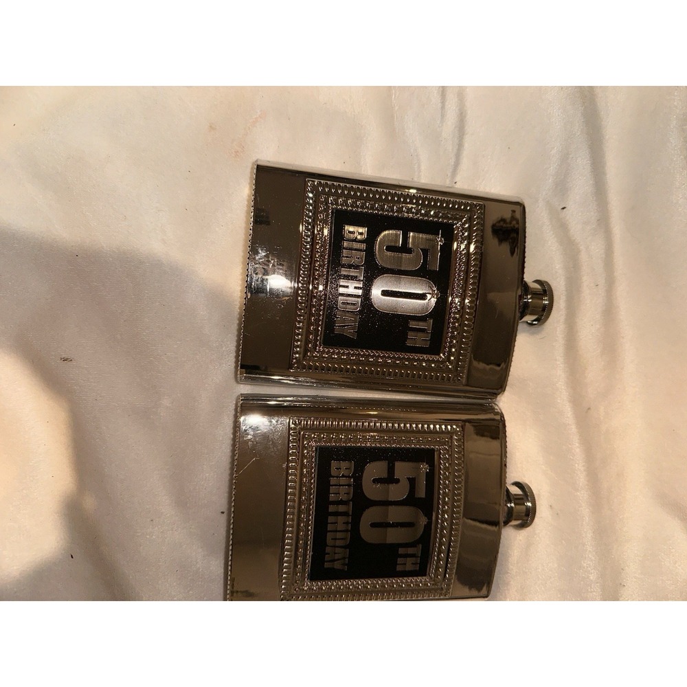 2 pack of 50th Birthday Pocket Flask Set 50ml Silver Metal Rectangle Screw Cap